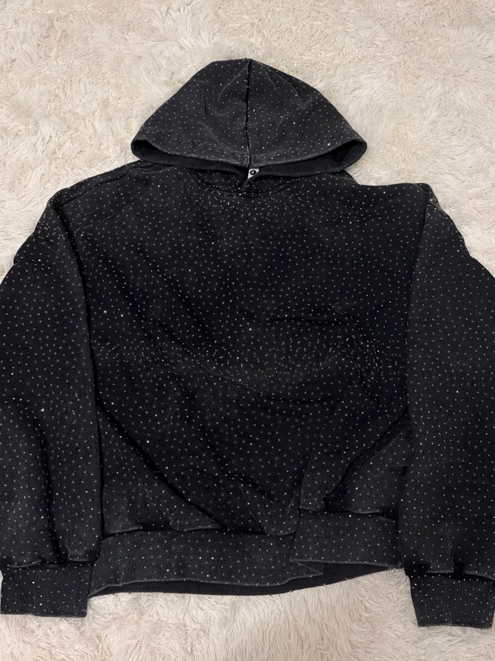 Women's Black Hooded Pullover Sweater with Micro Gem Detail